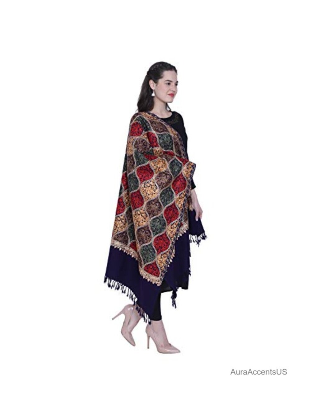 Kashmiri Aari Embroidered Wool Stole Wrap Pashmina Scarf